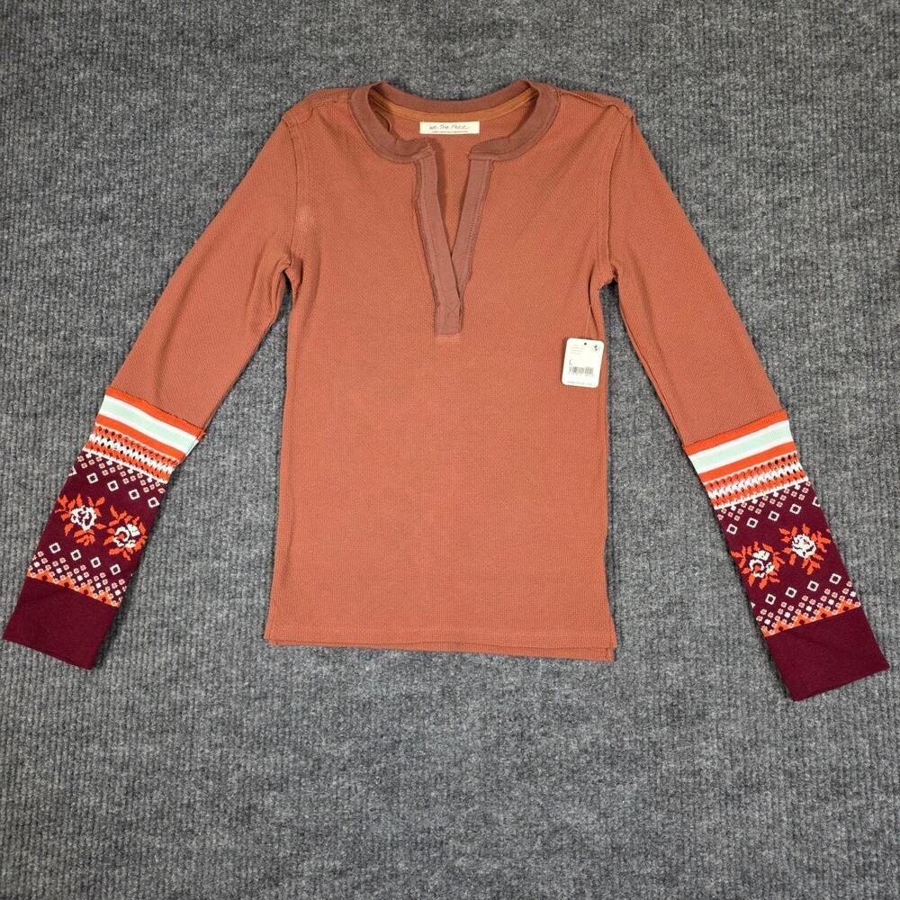 Free People We‎ The Free Thermal Top Womens L Rust Waffle Knit Boho Sleeve NWT